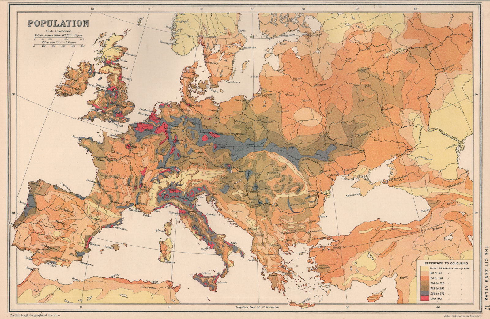 EUROPE. Population density. BARTHOLOMEW 1924 old antique map plan chart
